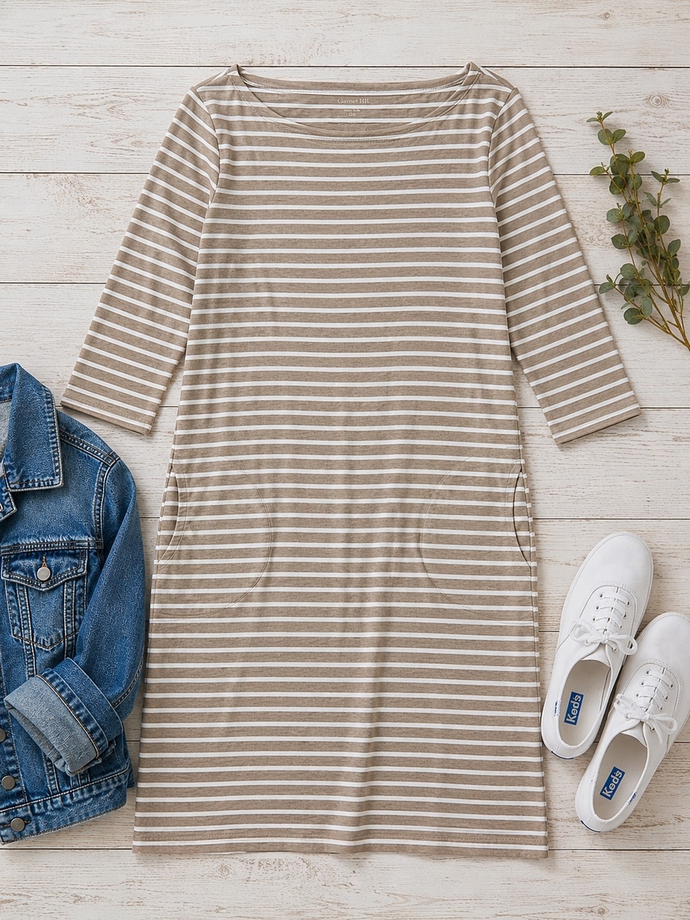 Garnet Hill 100% Cotton Boat Neck Breton Stripe Pocket Dress Size 8 - Picture 2 of 7